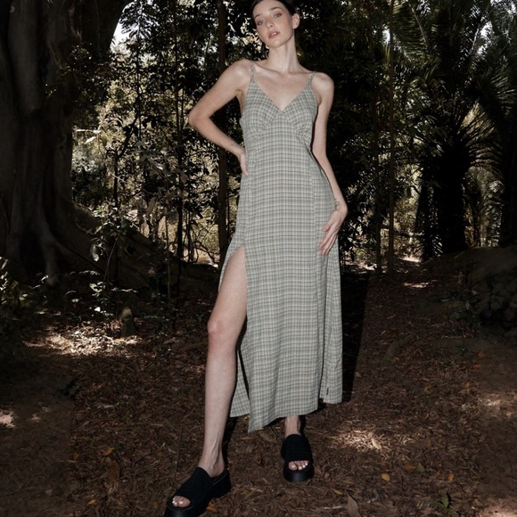 Afends Willow Check V-Neck Maxi Dress in Military Check | Size Small - Picture 2 of 9